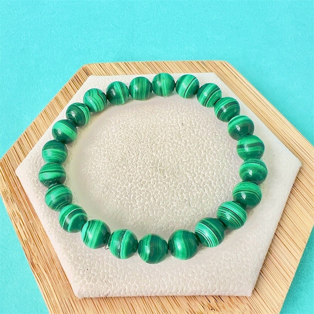 Handmade Malachite Beaded Stretch Bracelet Green Round Beads Unisex 6.5in
